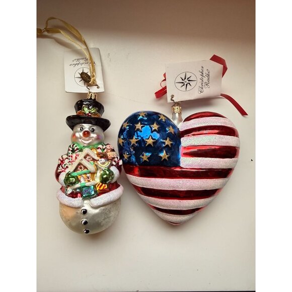 Christopher Radko Glass Ornaments Snow Sweet Snowman & Brave Heart W Tags! - Picture 1 of 13